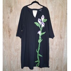 Ladies Ulla Popken Statement Dress Size 18 Black w/Calla Lilies Midi